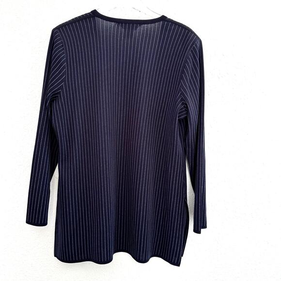 Exclusively Misook Knit Open Front Cardigan Sweater Large Navy Pinstriped Modest - Picture 2 of 6